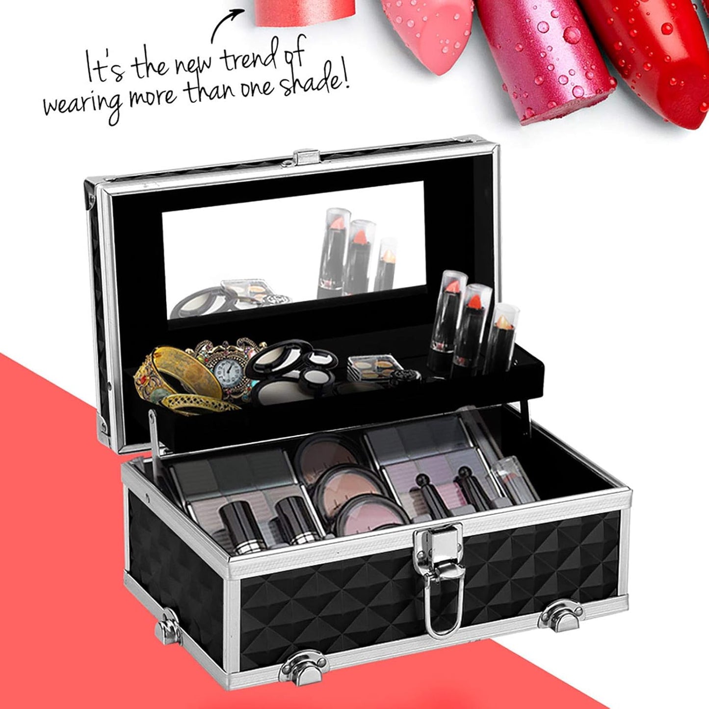 Embellir Makeup Case, Aluminium Beauty Cases Suitcase Make Up Large Organisers Storage Portable Toiletry Cosmetic Box Travel Indoor Outdoor Accessories, with 2 Sliding Trays Level Section Black