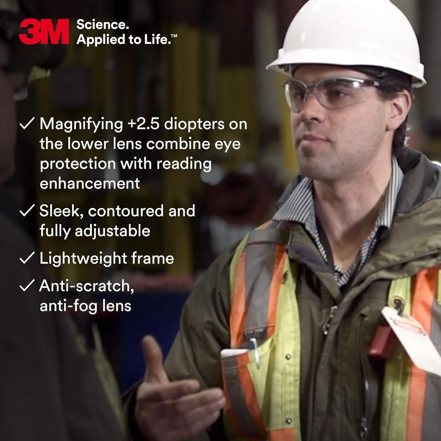 3M Safety Glasses with Readers, BX, +2.5, ANSI Z87, Anti-Fog Anti-Scratch Clear Lens, Silver Frame, Adjustable Length Temples and Lens Angle