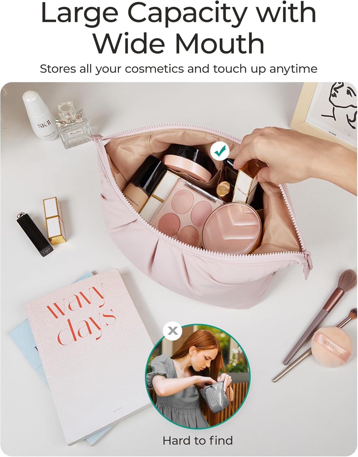 BAGSMART Makeup Bag Travel Makeup Bag, Cute Make Up Bag, Large Capacity Cosmetic Bags for Women, Wide-open Makeup Pouch Travel Essentials Toiletries Accessories Brushes (beige)