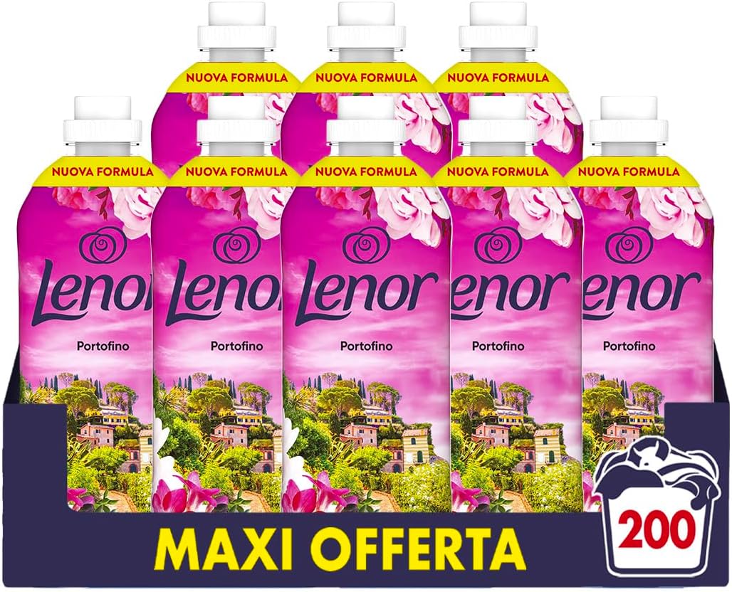 Lenor Concentrated Washing Machine Softener, 200 Washes (8 x 25), Portofino Italian Atmospheres, Long-Lasting Freshness and Softness of Plant Origin, Scented Sheets Up To 1 Week