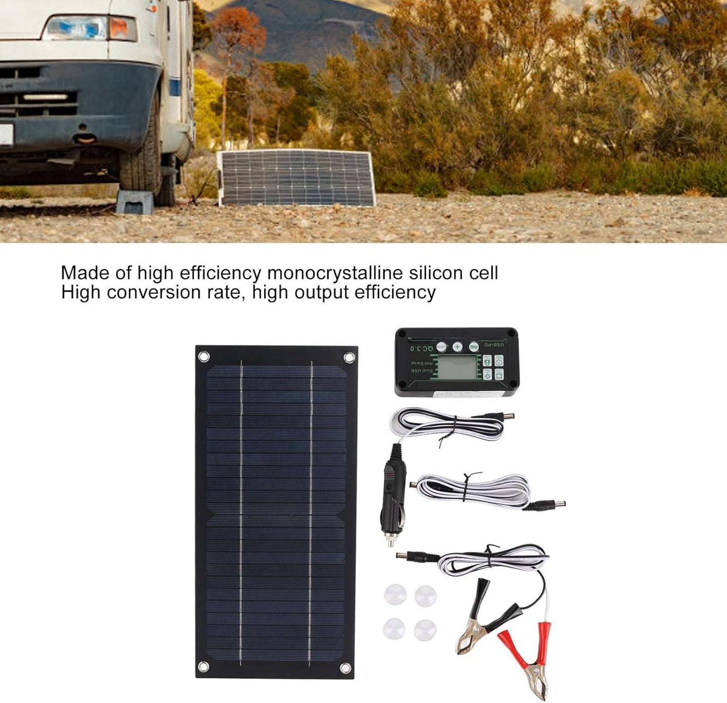 600 Watts Solar Panel Kit, High-Efficiency Monocrystalline Solar Panel Charger with Extension Cable and Battery Clip for RV Outdoor Camping and Other Off Grid Applications
