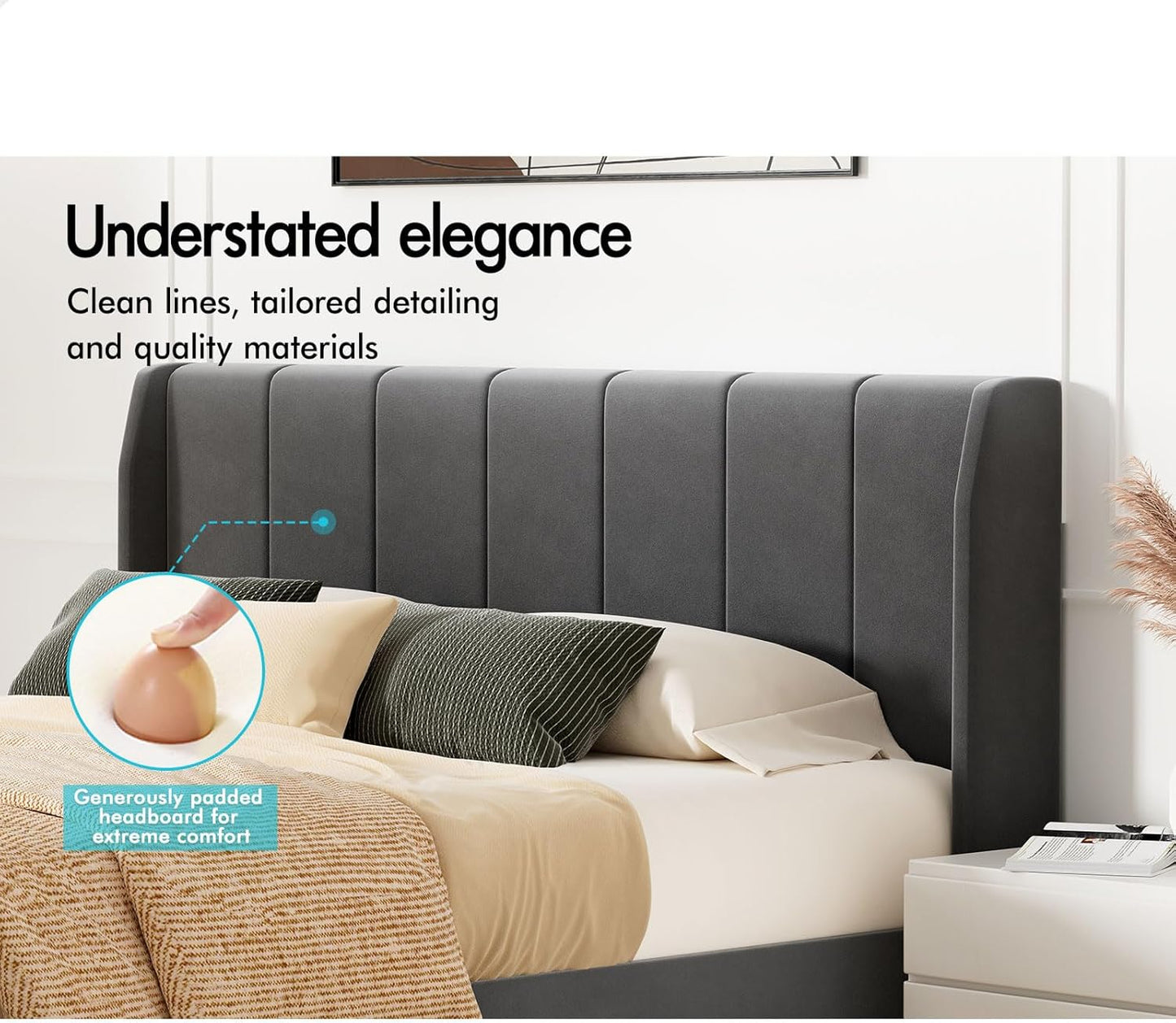 ALFORDSON Bed Frame Base Double Size with Headboard, Bed Platform Foundation with Velvet Fabric Upholstered for Mattress Topper, HUNDOLF Series Velvet Grey