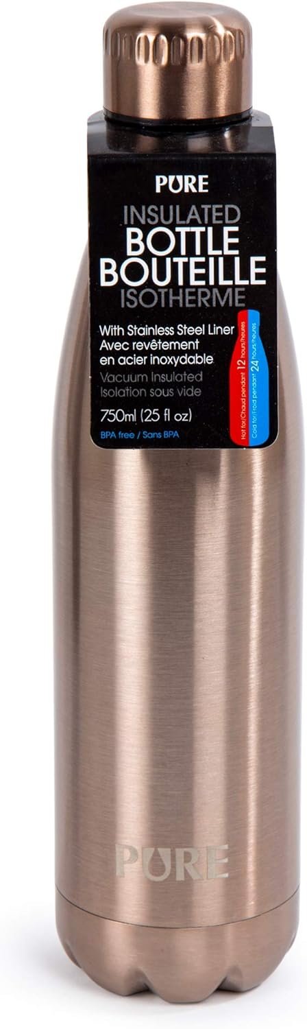 PURE Pure Premium-Quality 750ml Sports Large Stainless Steel Vacuum Insulated Metallic Water Bottle, 25 oz, Rose Gold