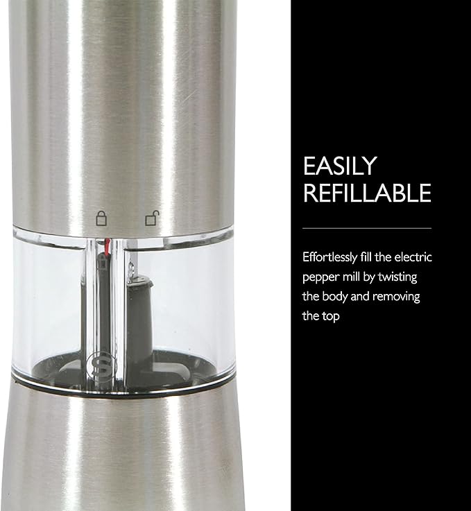 Cole & Mason Hampstead Electronic Salt Mill - Electric Salt Grinder Set - Adjustable Electric Spice Grinder - Kitchen Tool & Gadget - Hand Wash - Stainless Steel