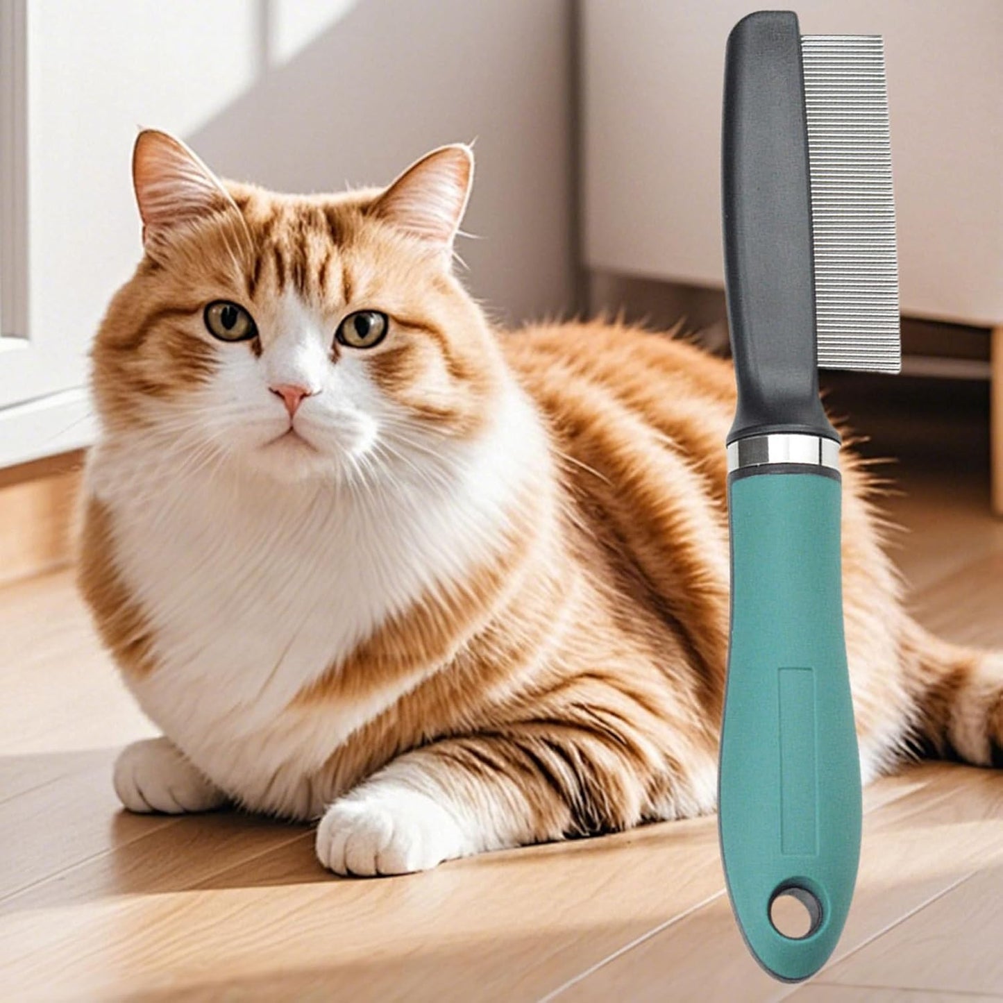 Cat Flea Comb, Professional Grooming Brush, Stainless Steel Pet Comb, Tooth Design, Multifunctional Detangling Tool, Daily Care for Cats & Puppies, 10,59 x 3,15 x 1,18 Inches, Green
