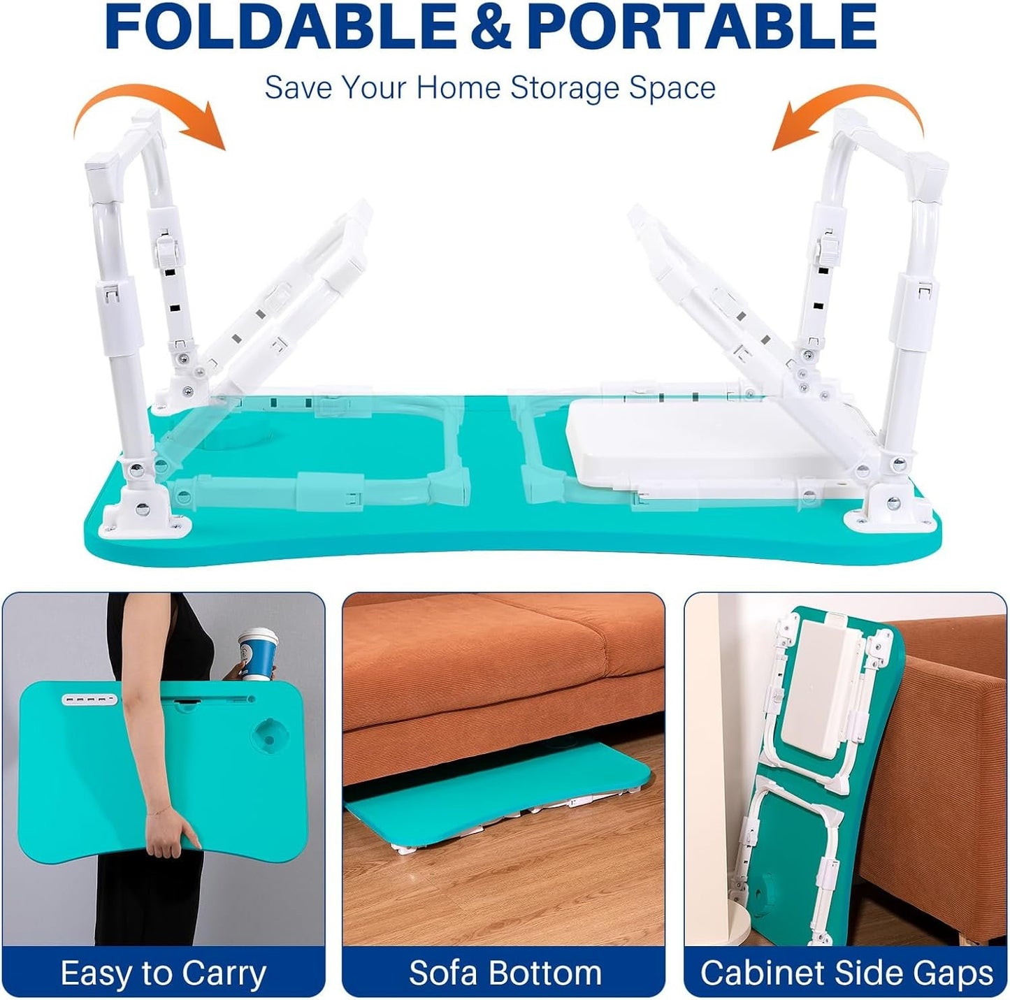 Laptop Desk for Bed, Height Adjustable Laptop Bed Table, Foldable Portable Lap Desk Stand with USB/Storage Drawer/Cup Holder/Slot, Breakfast Tray for Working Reading Writing Eating