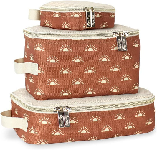 Itzy Ritzy Packing Cubes – Set of 3 Packing Cubes or Travel Organizers; Each Cube Features a Mesh Top, Double Zippers and a Fabric Handle; Terracotta Sunrise