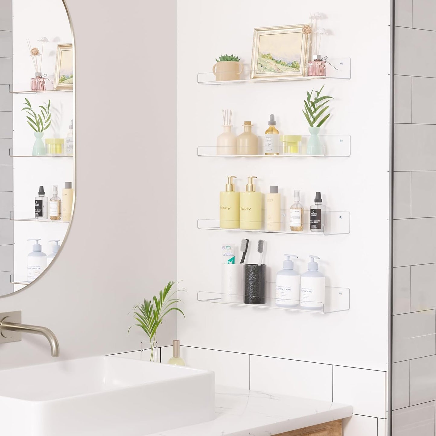 upsimples Clear Acrylic Shelves for Storage, 15" Floating Shelves Wall Mounted for Kids Bookshelf/Display Ledge for Bedroom, Living Room, Bathroom, Kitchen, Set of 4