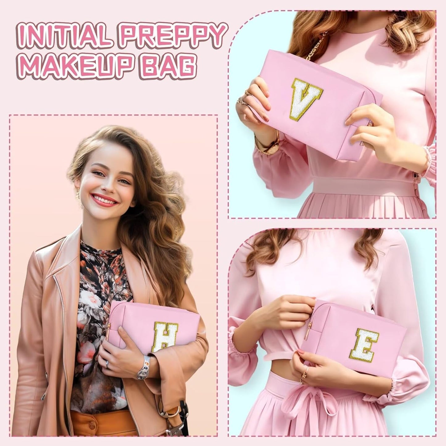 TOPEAST Graduation Gifts - Initial Makeup Bag, Birthday Gifts for 4 5 6 7 8 9 10 11 12 Year Old Girls, Personalized Preppy Cosmetic Bag | Leather Toiletry Bag (Pink A)