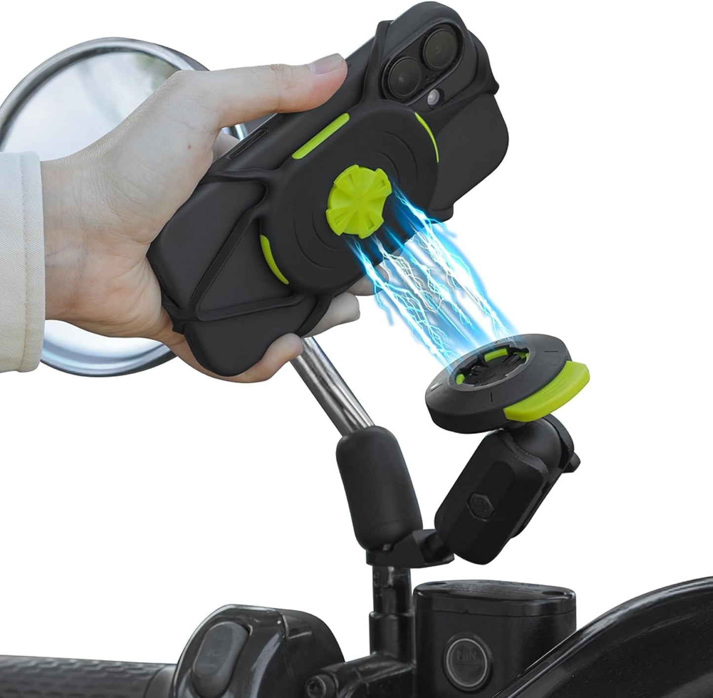 BONE Moto Tie Connect Kit 3, Magnetic Motorcycle Phone Mount, Detachable & 360° Rotatable with Shock-Absorbing Design, Scooter Phone Holder for Most Smartphones (Rearview Mirror)