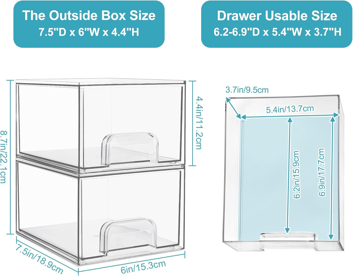 Vtopmart 2 Pack Clear Stackable Storage Drawers, 4.4'' Tall Acrylic Bathroom Makeup Organizer,Plastic Storage Bins For Vanity, Undersink, Kitchen Cabinets, Pantry, Home Organization