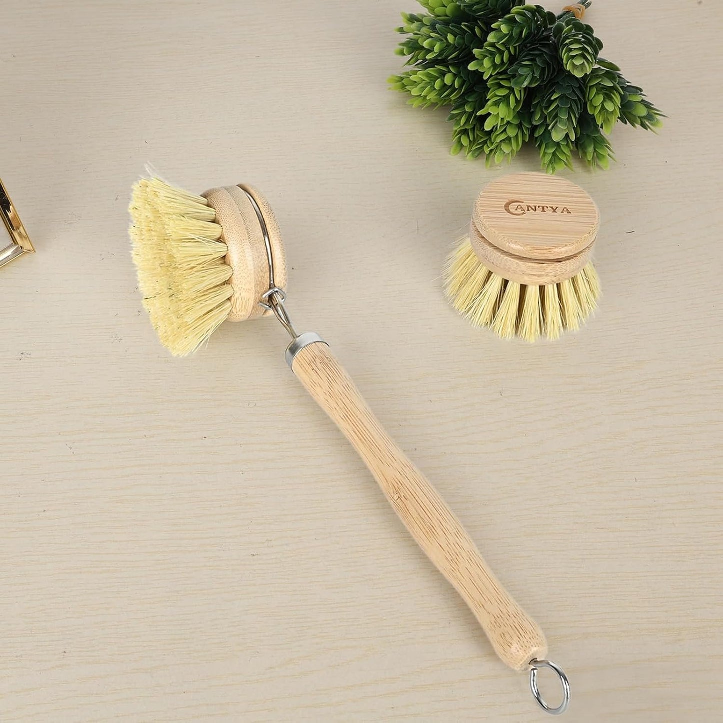 Bamboo Dish Brush with Handle 4 Replacement Heads - Soft Bristles Brosse Vaisselle, Natural Dish Scrubber, Compostable & Sustainable, Vegetable Brush for Cleaning Kitchen Utensils
