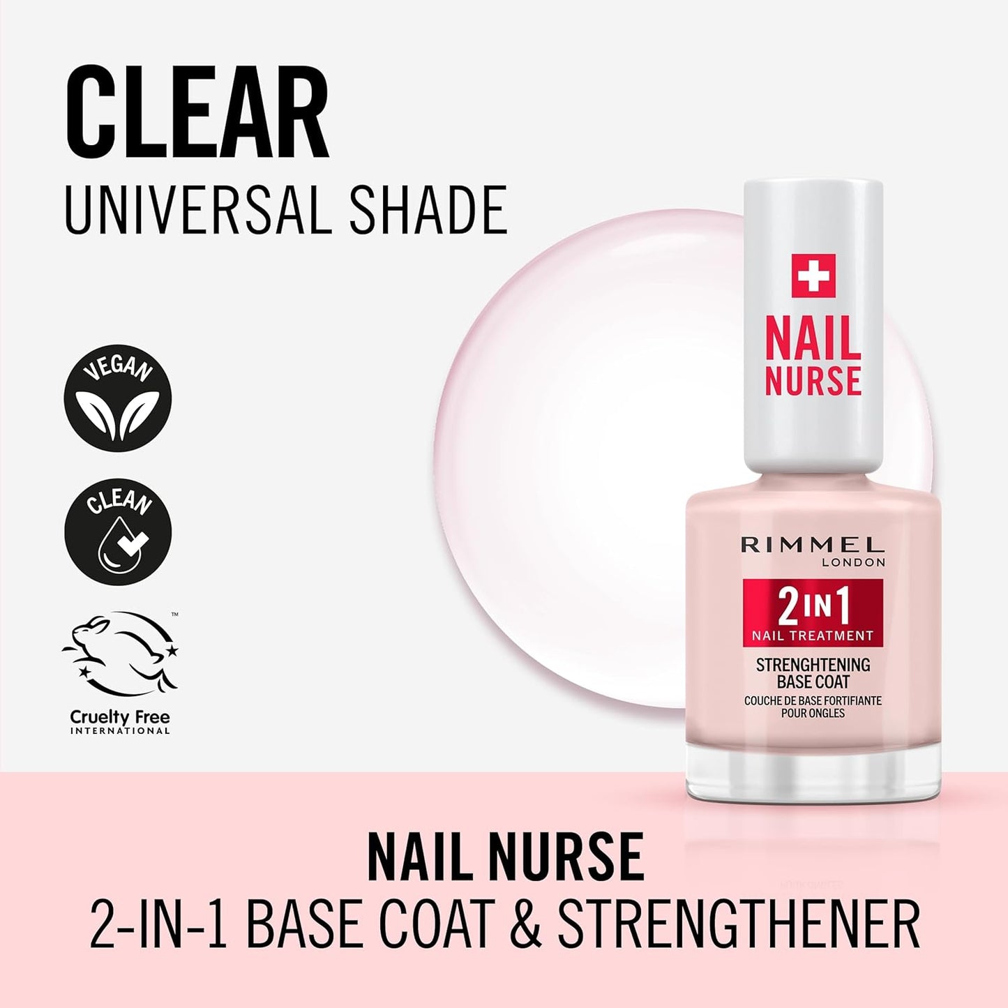 Rimmel London, Nail Care Base & Strengthener 2 in 1 Protects and Stimulates Growth - Fast Drying Vegan Formula with Celery Extract, Biotin and Amethyst 12ml