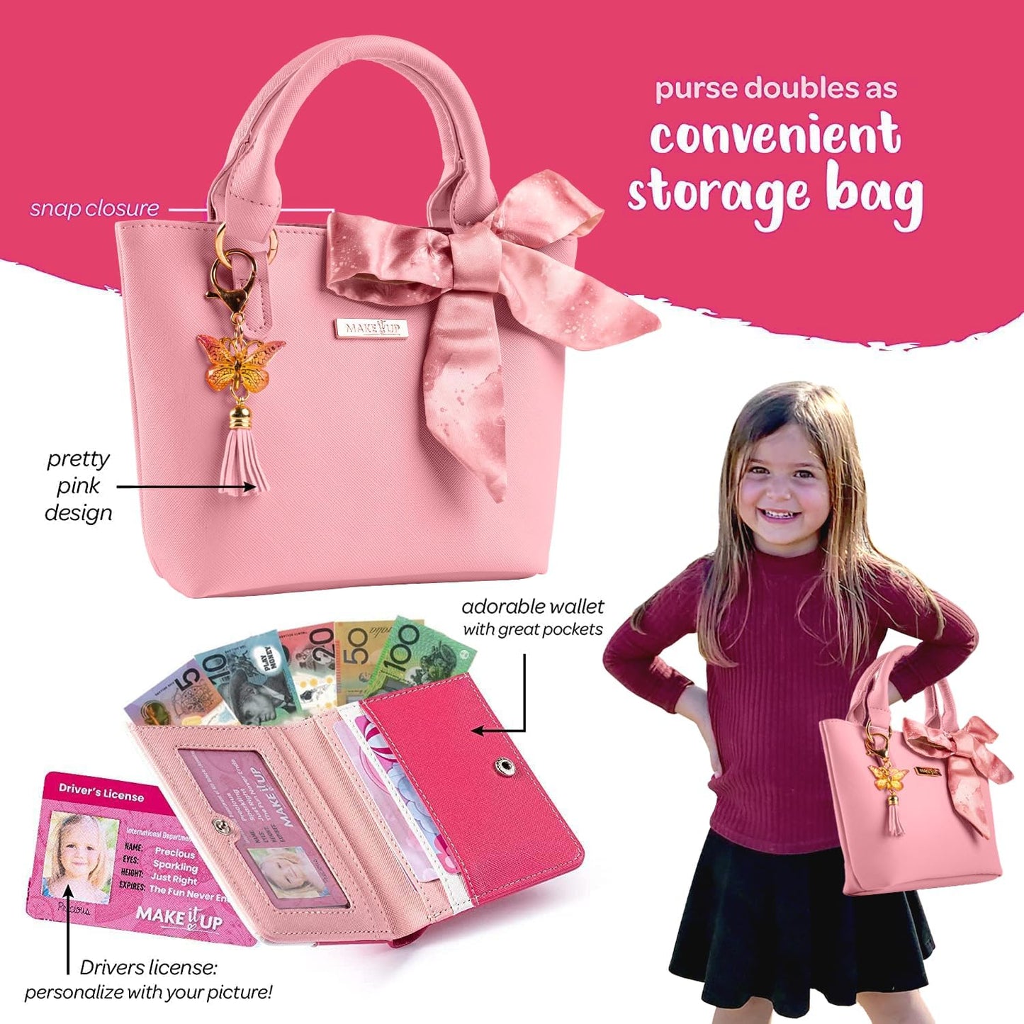 Pretend Play Kids Purse and Makeup Toy with Princess Pretend Makeup Smartphone Wallet Keys Credit and VIP Cards (Australian)
