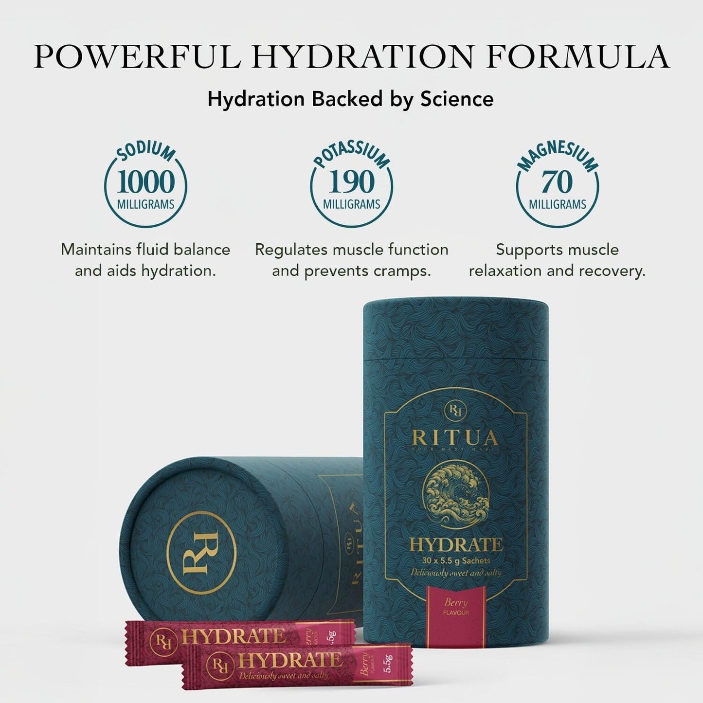 RITUA Zero Sugar HYDRATE Electrolyte Powder, Ideal Pre-workout and Post-workout Powder, Zero Carbs Energy Drink, 1000mg Sodium Per Serve, Natural Flavours and Sweeteners, 30 Sachets (30 Sachets, Berry)