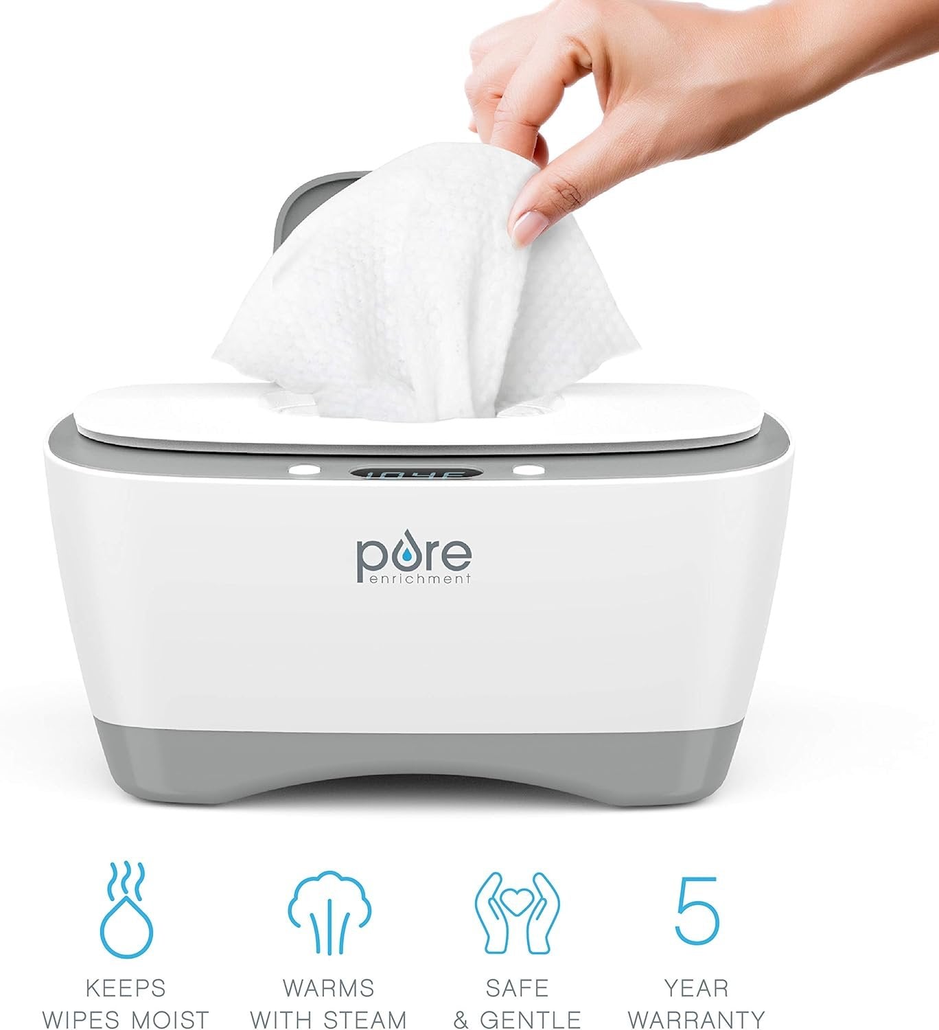 PureBaby™ Wipe Warmer with Digital Display - Easy-Feed Dispenser with 3 Heat Settings, LCD Display, 80 Wipe Capacity, Naturally Steam Heated for Maximum Comfort and Safety for Baby