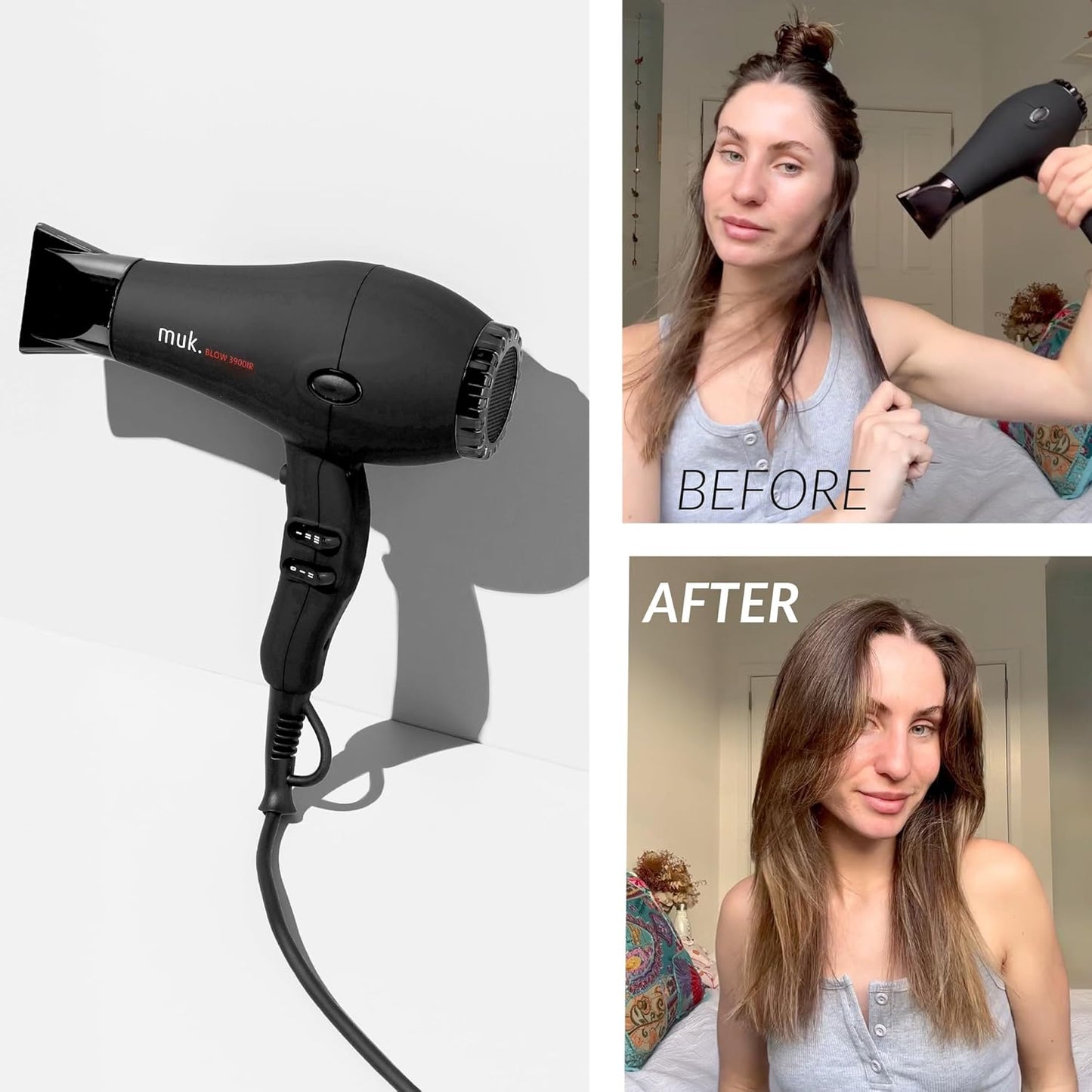 MUK. Professional Blow Dryer 3900 IR 2300 Watt - Lightweight Travel Hair Dryer for Gentle, Quick Styling. Hair Dryer with Ionic Generator for Shine & Protection. 3m Swivel Cord, Matte