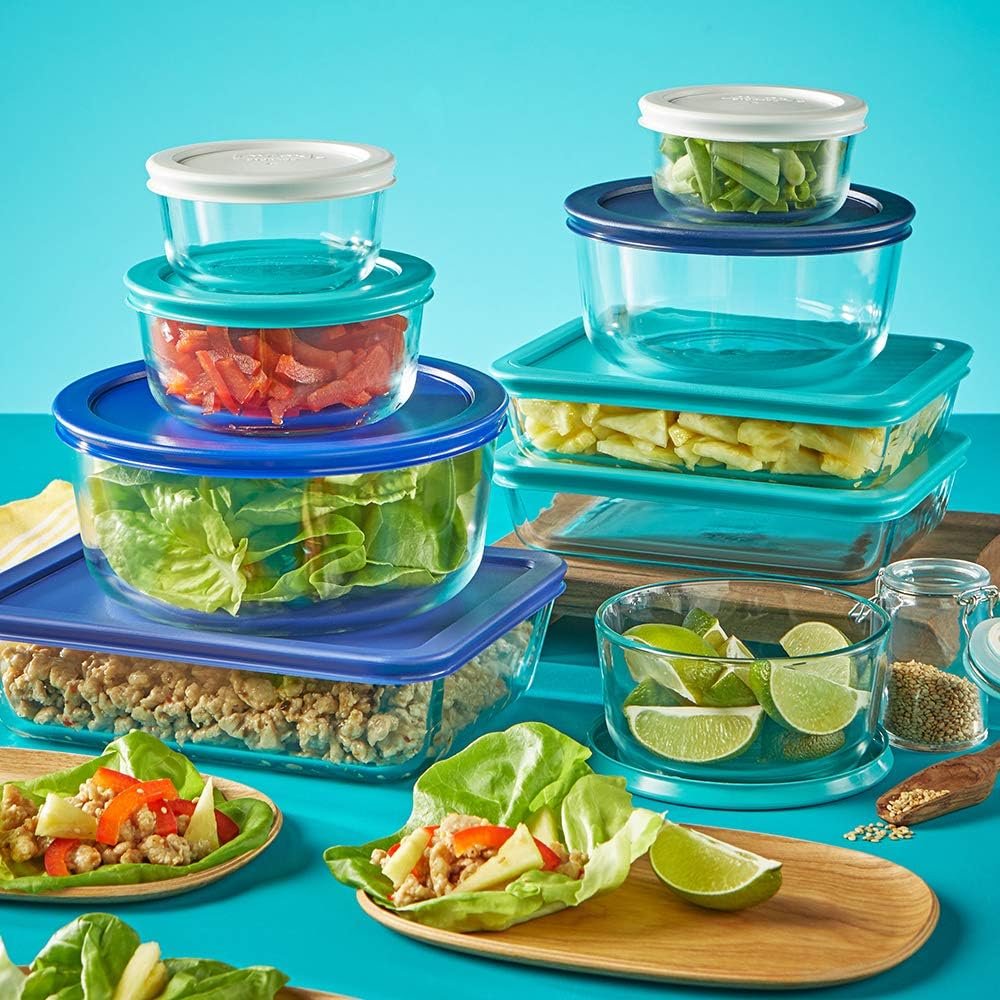 Pyrex 1128223 Simply Store Glass Food Containers with BPA Free Plastic Multi-Coloured Lids, (18-Piece set)