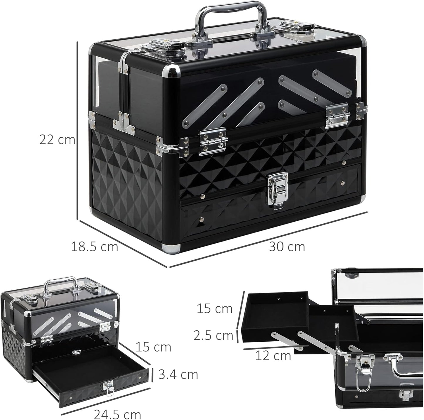 HOMCOM Professional Travel Makeup Case, Makeup Case with Removable Trays and Lock, for Women's Travel Makeup Beauty Case, 30 x 18.5 x 22 cm, Black
