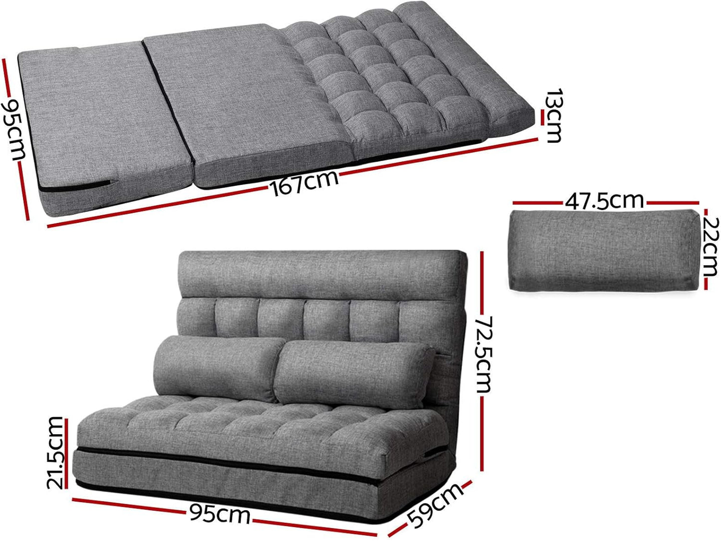 Artiss Sofa Bed, 2 Seaters Adjustable Futon Couch Cushions Flool Lounge Recliner Chair Lounger Office Outdoor Indoor Living Room Bedroom Furniture, Removable Foldable Soft Space Saving Grey