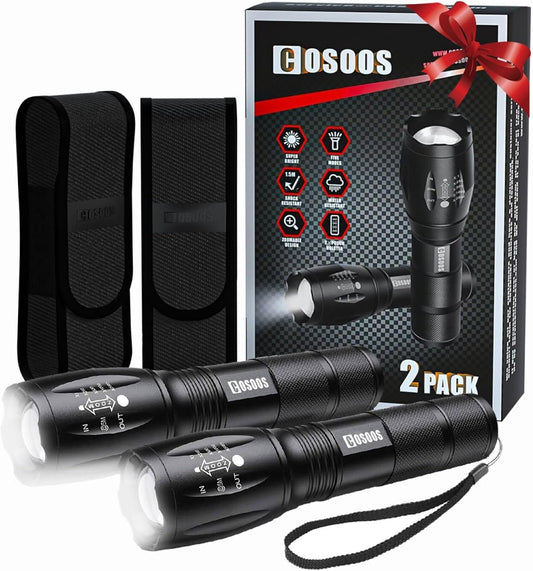 2 Bright Tactical Flashlights with 2 Flashlight Holsters Pouch Belt HoldersCarry CaseCOSOOS Zoomable 1000-Lumen LED LampsPortable Torch LampWaterproof Flash Light for CampingNo AAA Battery