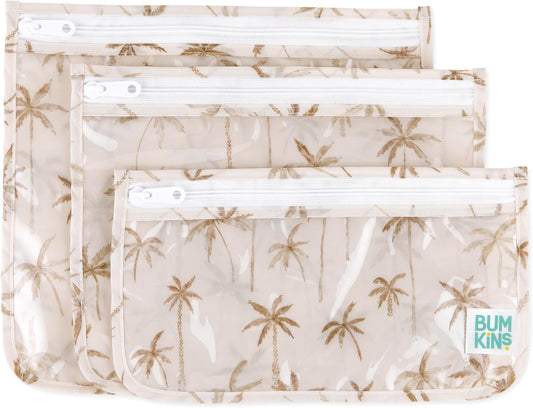 Bumkins Travel Bag, Toiletry, TSA Approved Pouch, Zip Bag, Quart Size Airline Compliant, Clear-Sided, Baby, Diaper Bag Organization, Makeup, Accessories, Packing, Set of 3 Sizes, Palm Trees
