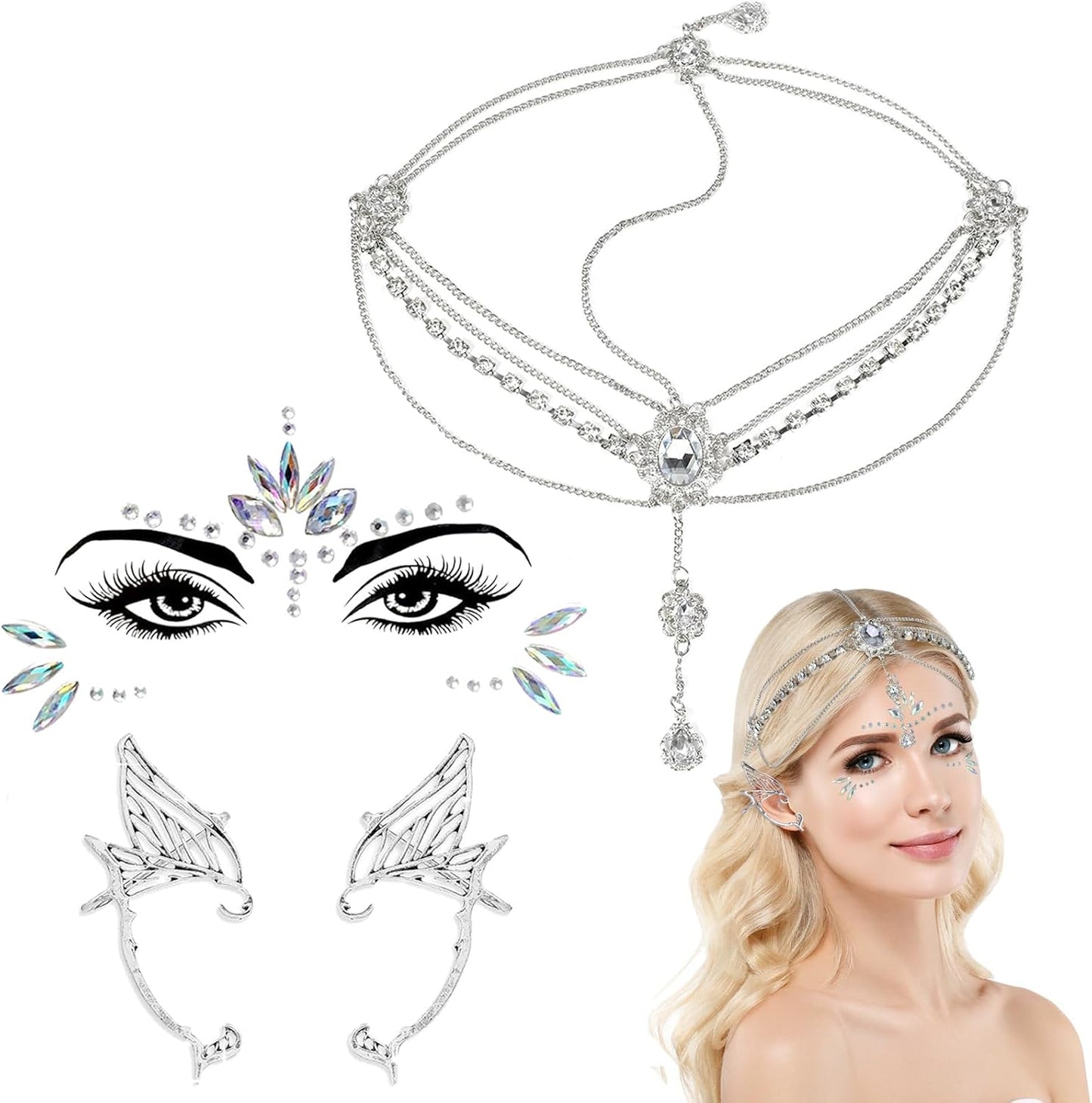 Elf Hair Accessories Boho Women Elf Ears Earrings Silver Hair Jewelry Tiara Elf Crystal Glitter Make Up Stickers Glitter Face Glitter Accessories Headwear Halloween Costume Cosplay, Metal