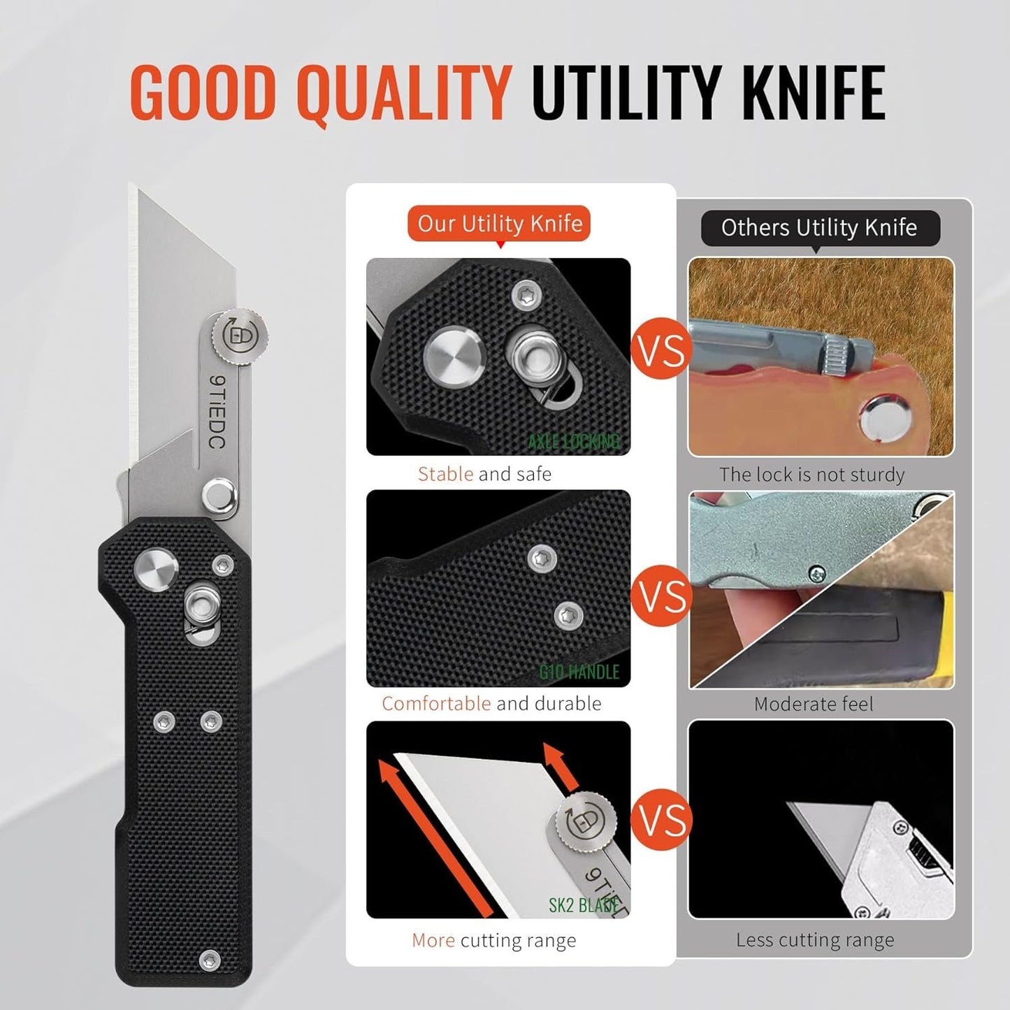 9TiEDC Folding Utility Knife,G10 Handle Heavy Duty Safety Box Cutter,Razor Knife & EDC Pocket Knife with Extra 10PC Blades,Perfect for Household Tools,Office,Factory,Outdoor Use.