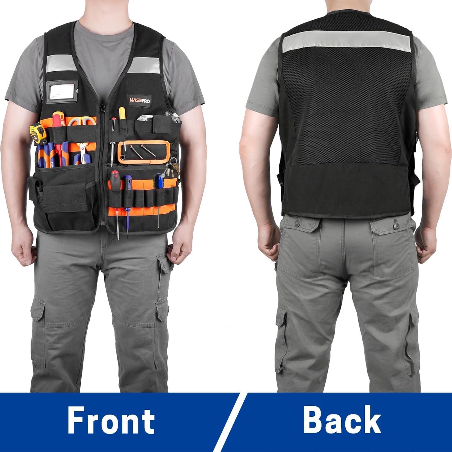 WISEPRO Tool Vest, Electrician Safety Vest with Pockets and Zippers, All Purpose Tool Vest Work Vest for Men Carpenters Electricians Handyman, Black Orange