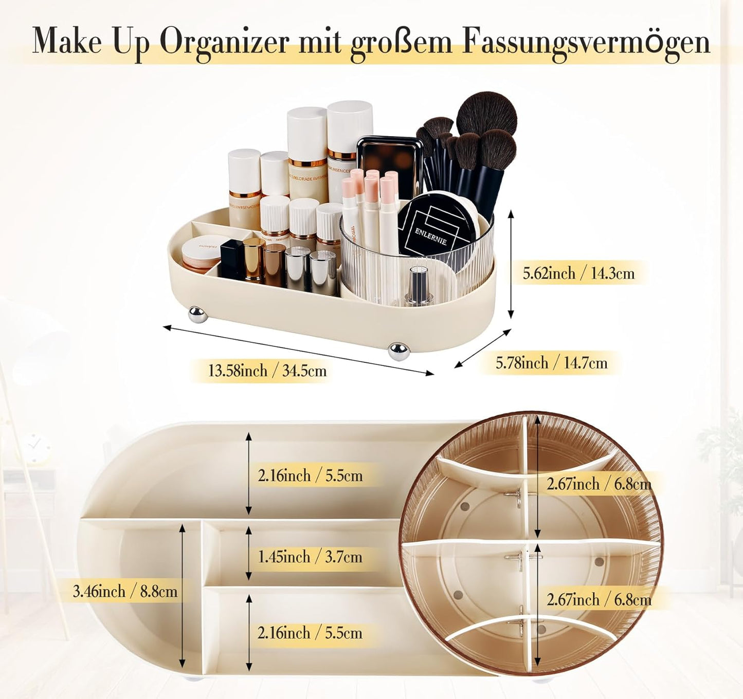 ilauke 360° Rotating Makeup Organizer with Drawers - Multifunctional Vanity Table Organizer for Bathroom and Bedroom, Generous Capacity, Bathroom Organizer (Beige)