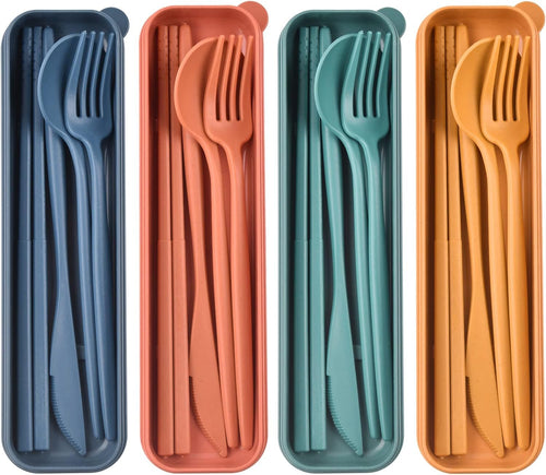 Travel Cutlery Set with Case, Plastic Cutlery Set, Reusable Utensils Set with Case, Portable Camping Cutlery Set for Lunch Box School Office Picnic Travel or Daily Use (4 Colors)