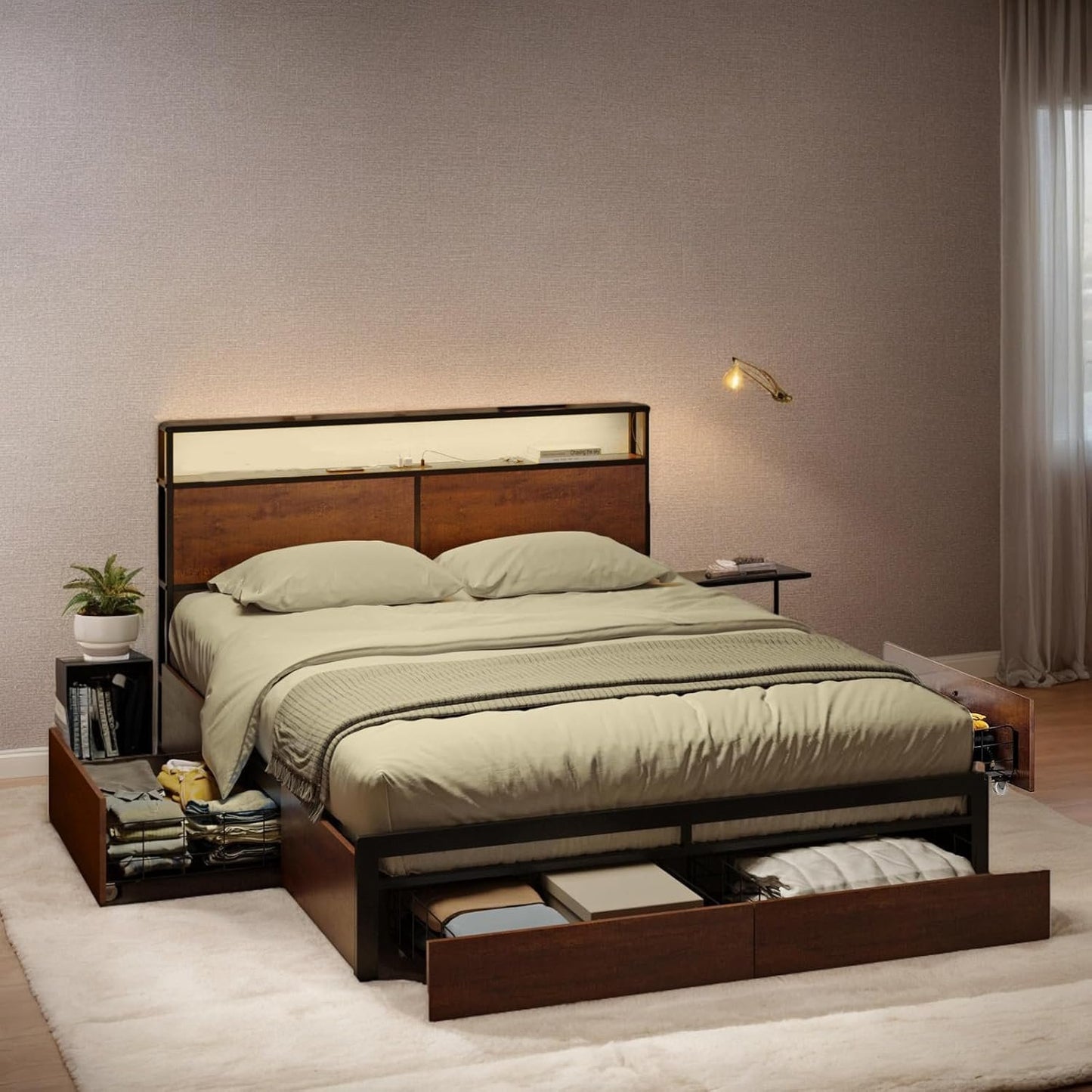 Bed Frame with Storage Headboard & 4 Drawers - LED Charging Station, Silent Metal Platform, No Box Spring Needed (Brown, Queen (U.S. Standard))
