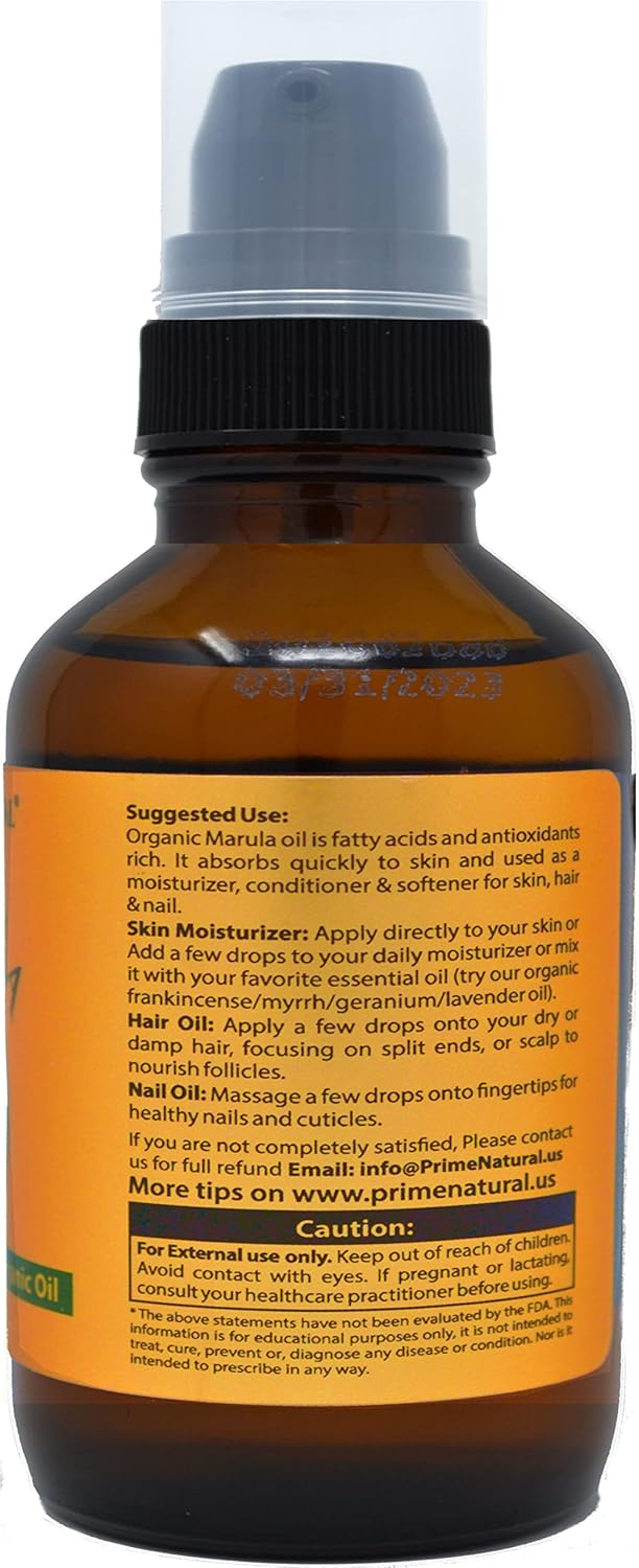 PRIME NATURAL Organic Marula Oil 4oz/120ml - USDA Certified - Cold Pressed, Unrefined, Virgin - 100% Pure, Natural, Vegan, Best for Face, Body, Hair, Nails, Skin Care