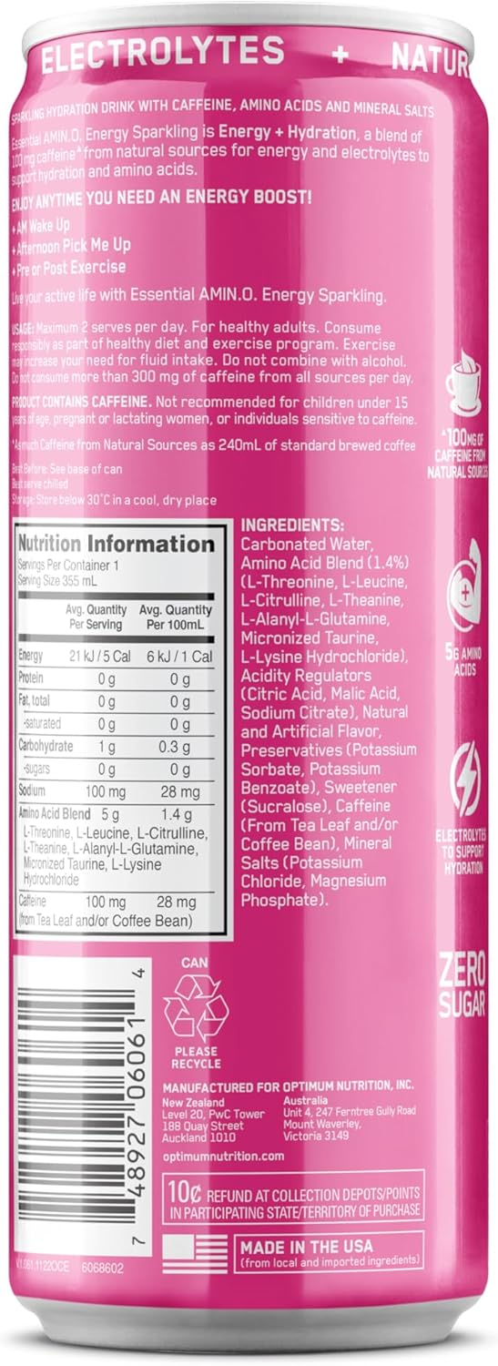OPTIMUM NUTRITION Amino Energy + Electrolytes Sparkling Hydration Drink, Watermelon Flavour, 355ml, 12 Pack