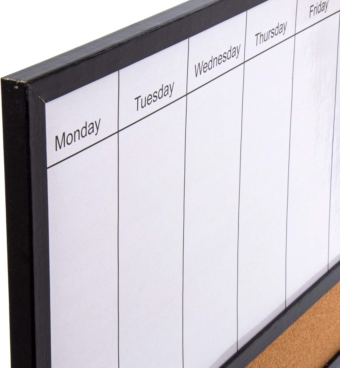DESK TECH Versatileal Weekly Planner - Half Dry Erase Magnetic White Board with Cork Bulleting Board - 16 x 24 inches, Black Pinewood Wooden Frame - Hangable, Versatile for School, Office and Home Use