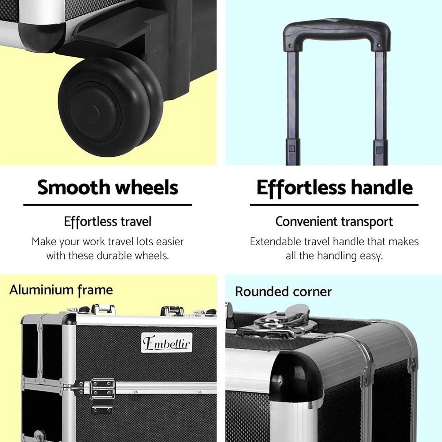 Embellir Makeup Case, Aluminium Lockable Beauty Cases Suitcase Make Up Large Organisers Storage Toiletry Cosmetic Box Travel Indoor Outdoor Accessories, 7 in 1 Separable Portable Black