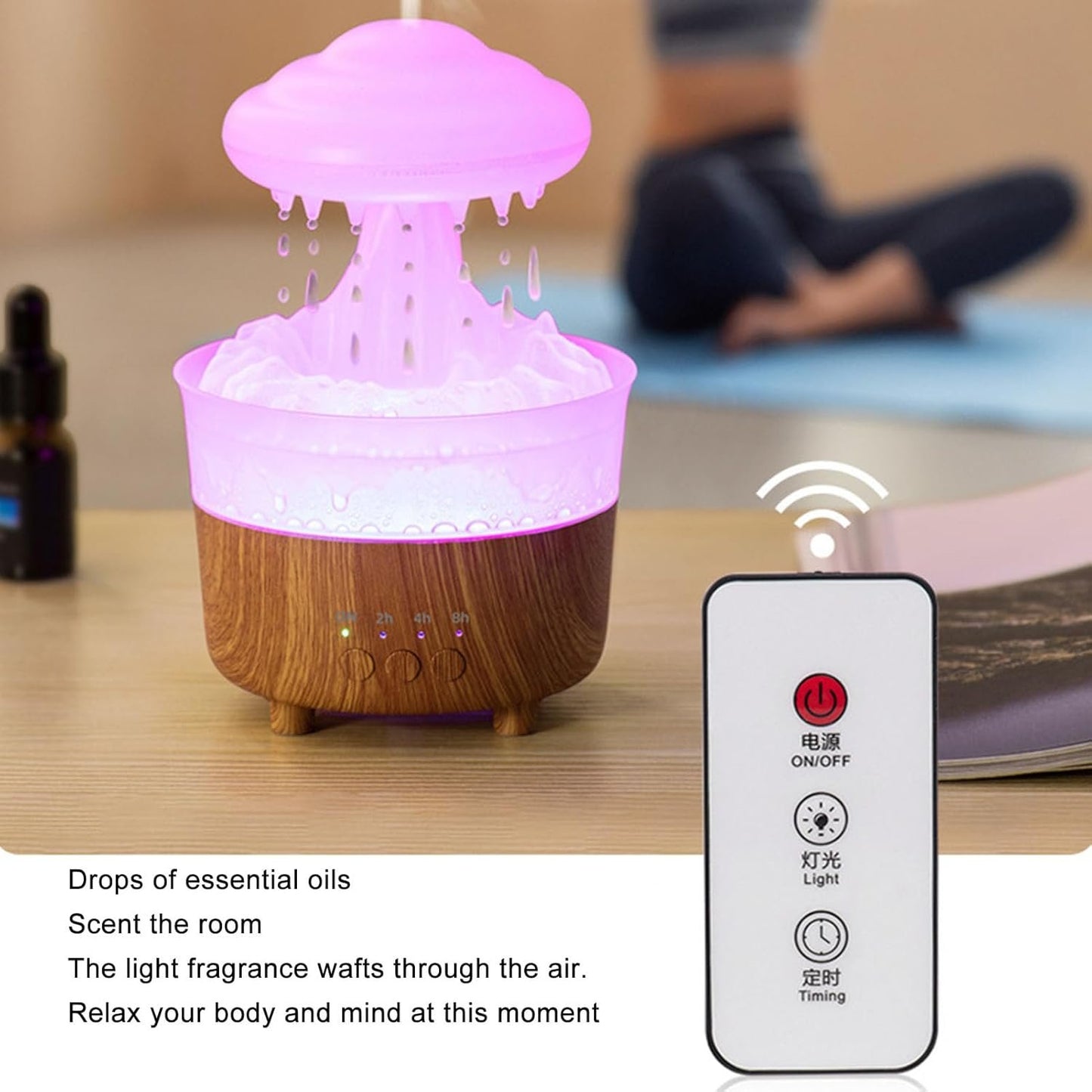 Rain Cloud Humidifier Water Drip, Aromatherapy Essential Oil Diffuser with 7 Colorful LED Lights, Remote Control, Desktop Mushroom Oil Diffuser Gift for Sleeping Relaxing (Wood