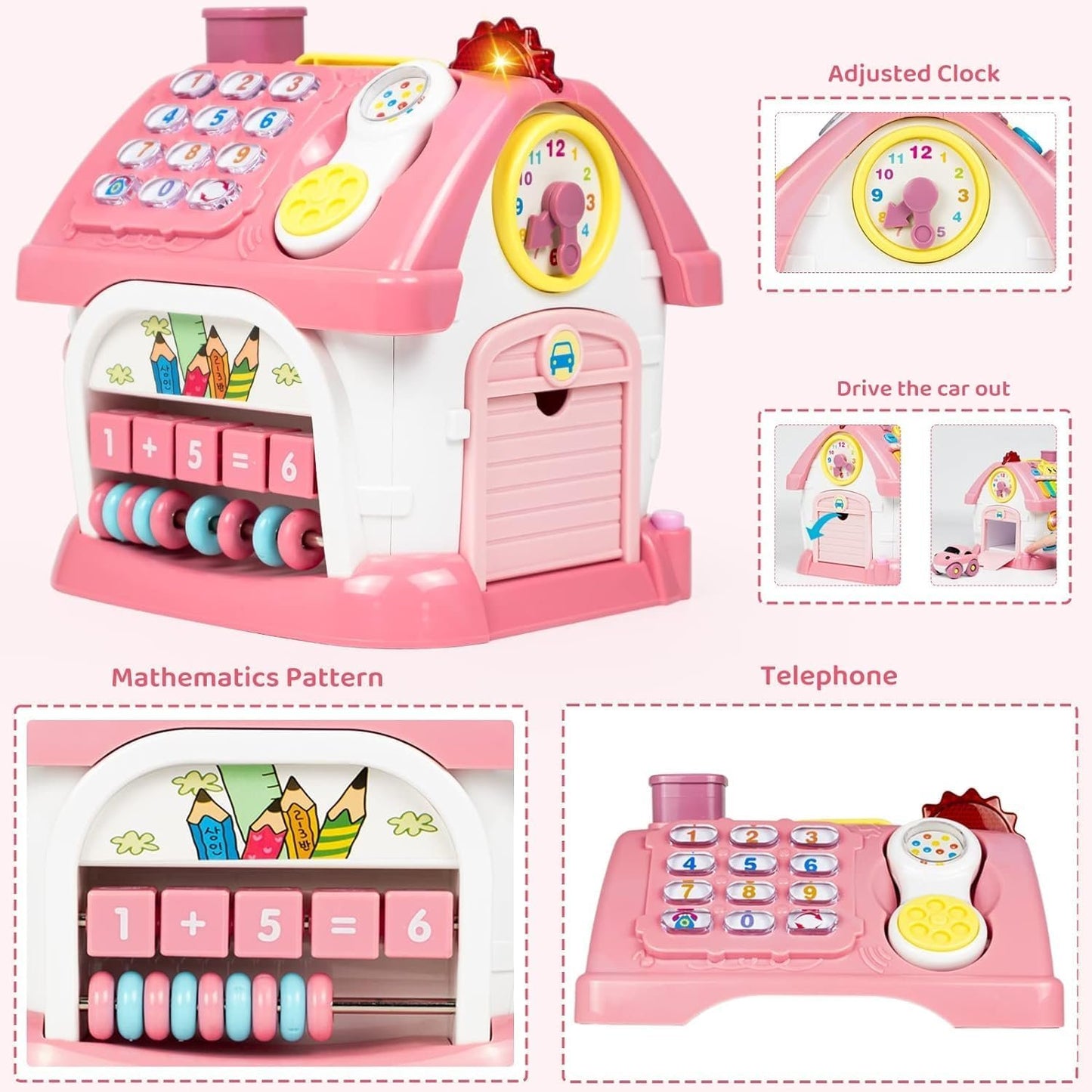 Toys for 1+ Year Old Girls, Montessori Toddlers Toys with Sound/Lights/Music/Clock/Telephone/Car 6 in 1 Multi-Functional House, Early Educational Birthday Girl and Boy
