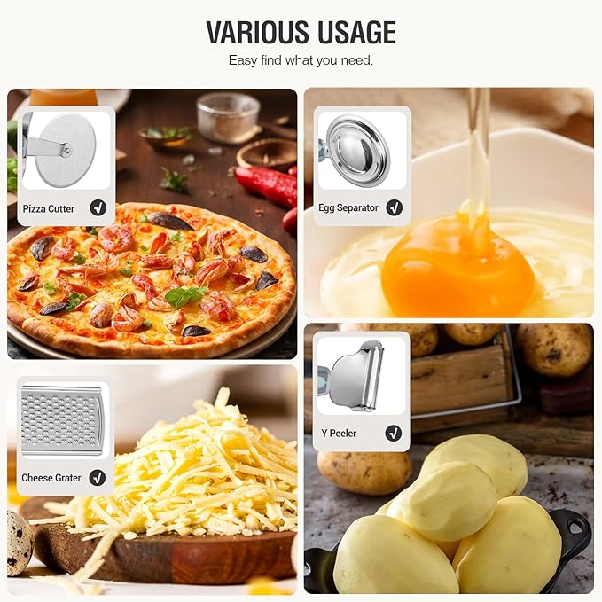Stainless Steel Kitchen Gadget Set, HIFIND 9 PCS Cooking Gadgets Tools Set with Soft Touch Handles, Pizza Cutter, Peeler, Cheese Grater, Bottle Opener, Egg Separator, Grill Spatula, Holding Clamp