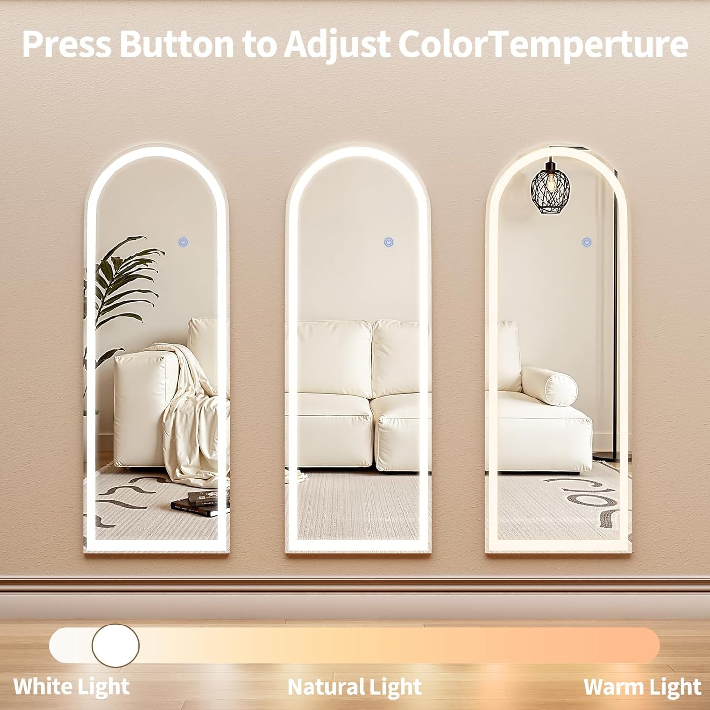 Koonmi Arched LED Full Length Mirror 20" x 56" Wall Mounted/Standing Full Body Mirror with Dimmable & 3 Color Lighting, Aluminum Alloy Frame, Tempered Glass, Safe to Use, for Bedroom/Cloakroom