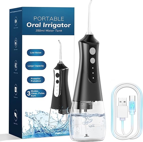 Water Dental Flosser Pick: 350ML Portable Cordless Oral Irrigator with 3 Modes Rechargeable Irrigation Cleaner for Teeth Deep Cleaning, IPX7 Waterproof Electric Flossing Machine for Home, Travel-Black