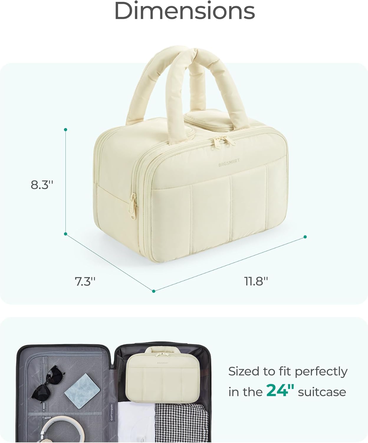 BAGSMART Travel Toiletry Bag, Puffy Large Toiletry Bag for Women, Lightweight Cosmetic Makeup Bag Organizer with Handle for Traveling, Accessories, Essentials, Toiletries (Beige