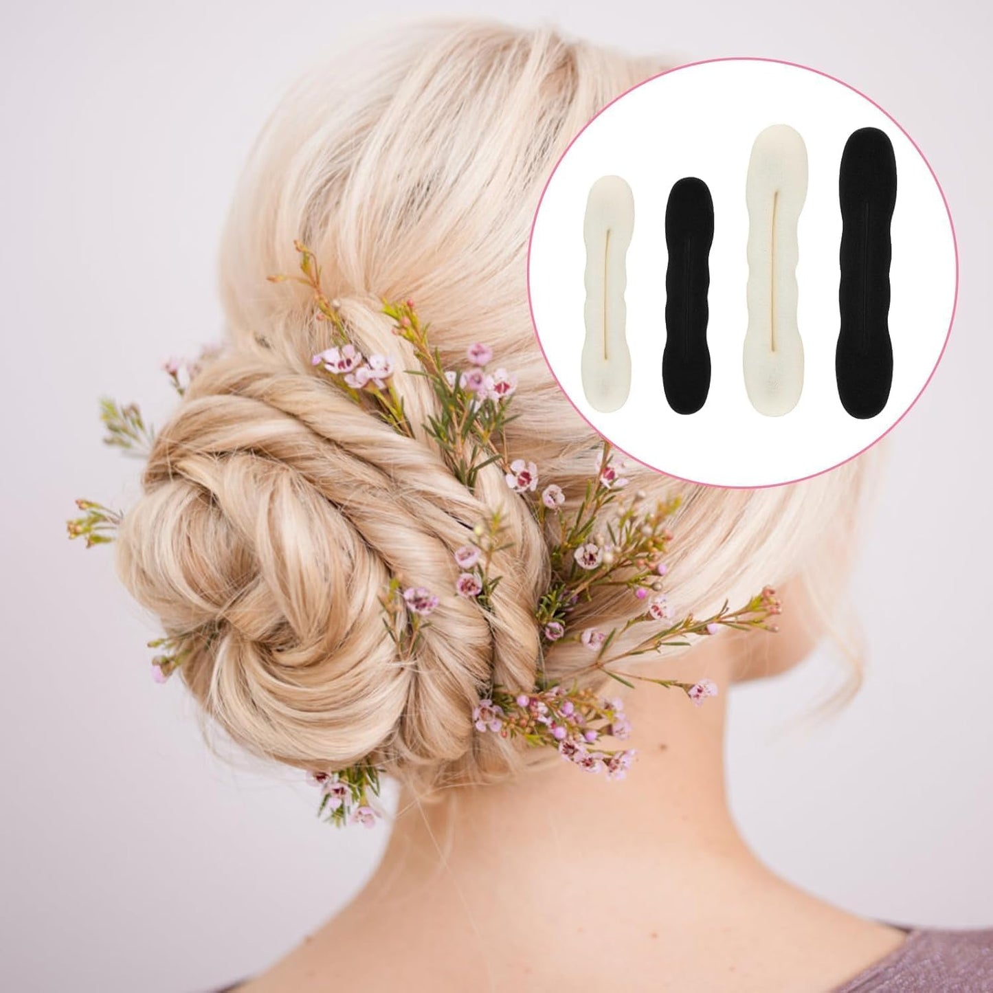 Set of 4 Sponge Bun Maker - Lightweight Tools for Fast and Sophisticated Hairstyles - Easy to Use Without Hairpins or Ribbons - Ideal for Weddings, Parties and Daily Use (Black, White)
