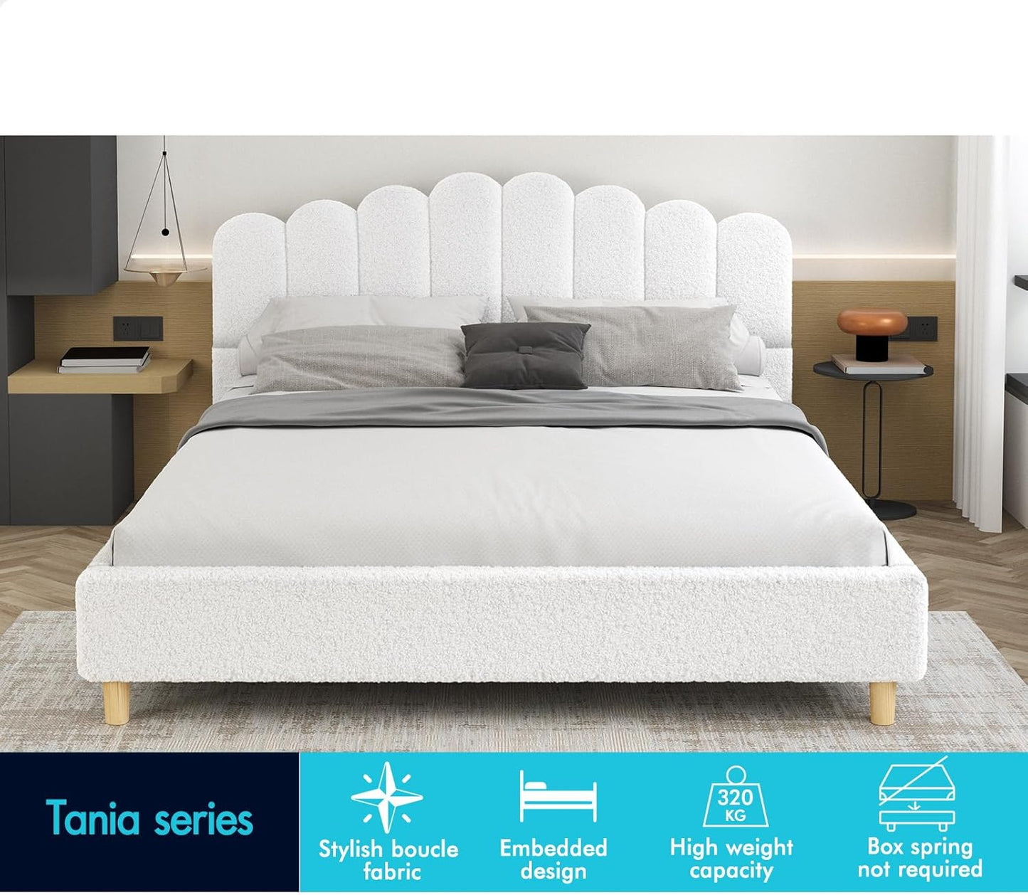 ALFORDSON Bed Frame Base Double Size with Boucle Fabric Upholstery, Bed Platform Foundation with Headboard for Mattress Topper, Tania Boucle White