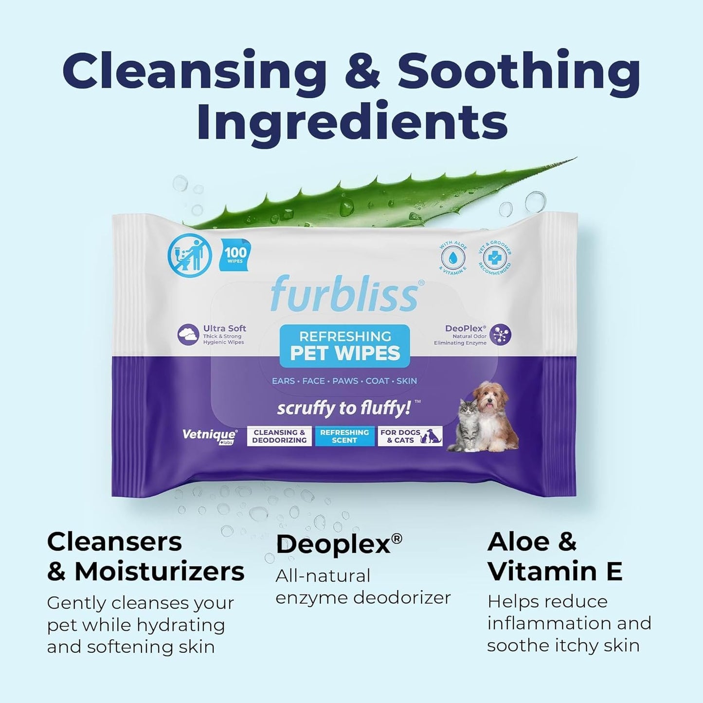 Furbliss Hygienic Pet Wipes for Dogs & Cats, Cleansing Grooming & Deodorizing Hypoallergenic Thick Wipes with All Natural Deoplex Deodorizer by Vetnique Labs (100ct, Refreshing Scent)