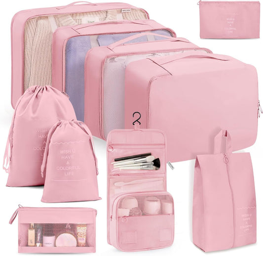 Packing Cubes for Suitcases, TRMFUSA 10 Pcs Packing Organizers, Luggage Organizers with Laundry Bags/Shoe Bag/Toiletry Bag (Pink)