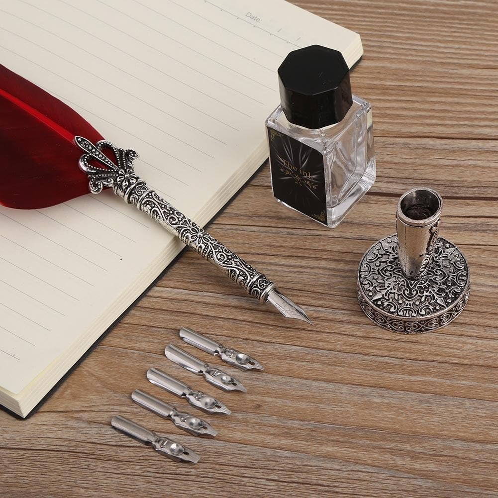 Feather Dip Pen, Retro Feather English Calligraphy Dip Quill Pen with 5 Alloy Nibs Writing Ink Set Stationery Gift Box for Friend, Teacher, Family(Red)