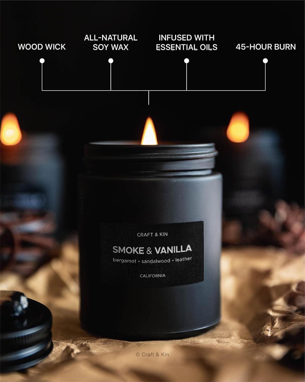 Craft & Kin Scented Black Candles for Men | Fathers Day Gift for Dad | Premium Smoke & Vanilla Spring Scented Candles | Long Lasting with 45 Hour Burn Time, 7.6oz