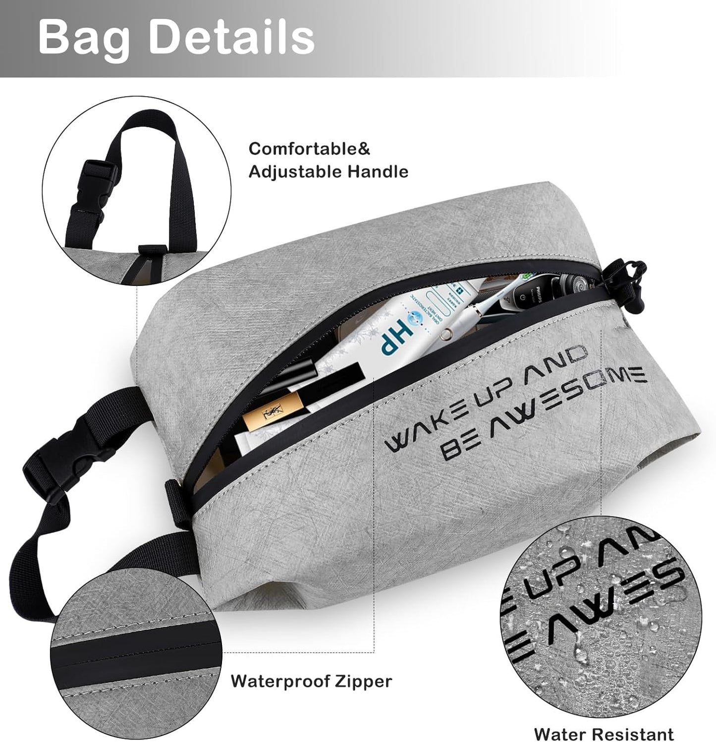 Maplerich Travel Toiletry Bag - Eco-Friendly Small Hygiene Bag for Men and Women, Mini Toiletry Bag for Toiletries, Wet Bag, Dopp Kit, Black Cosmetic Bag, Kids Toiletry Travel Bag, Grey, Fashion