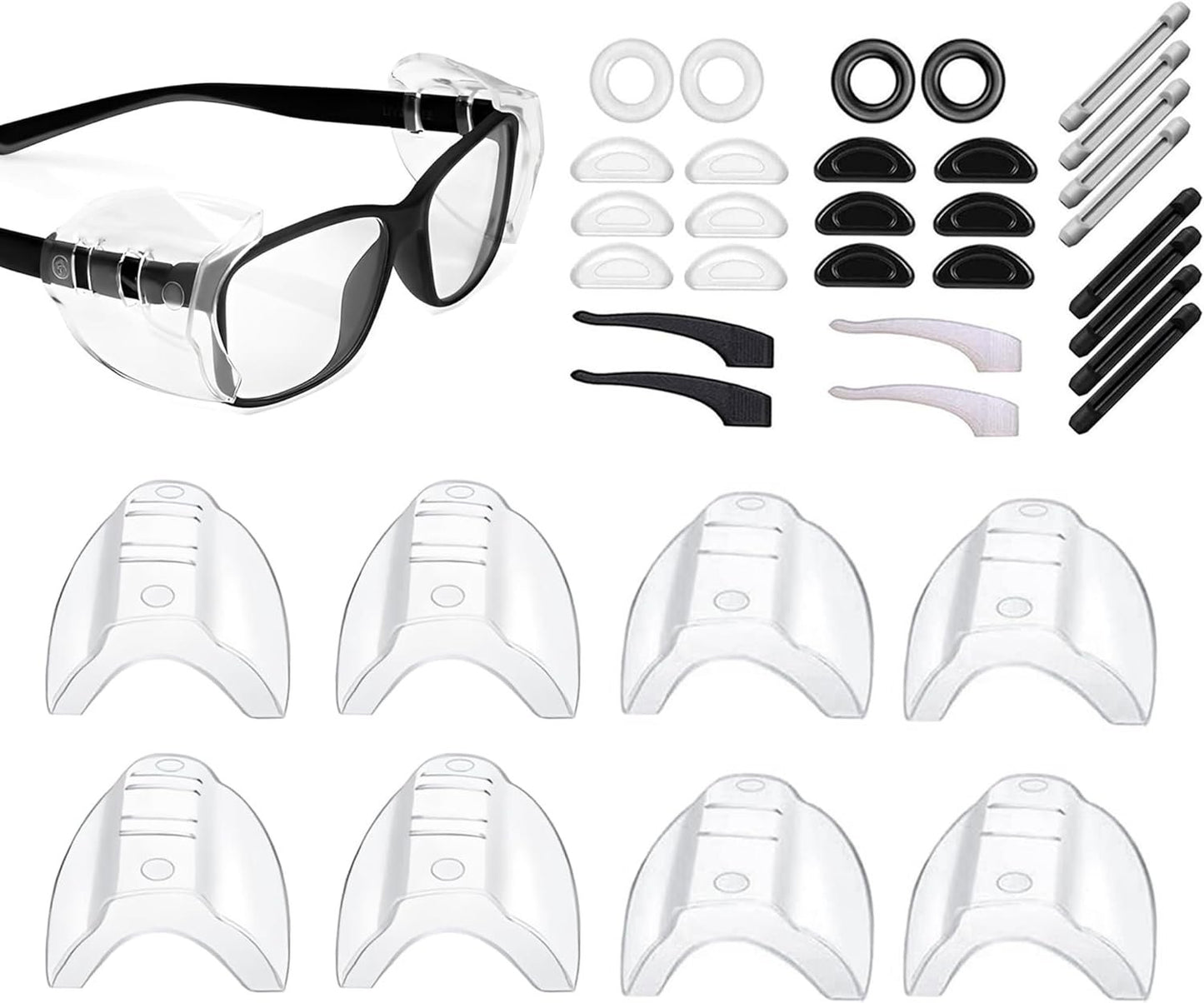 4 Pairs Safety Glasses Side Shields with 14 Pairs Anti-Slip Accessories, Clear and Lightweight Glasses Side Protecte, Portable Eye Protection Side Shields for Small to Medium Eyeglasses
